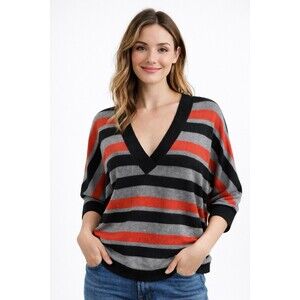 New York & Company Womens Striped V Neck Sweater Black Red Gray Size M